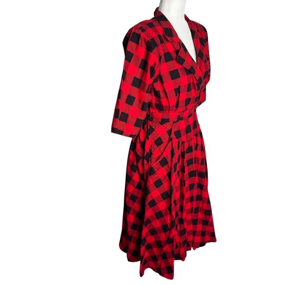 Vintage Plaid Faux Wrap Dress Small Red Black Midi Pockets Shoulder Pads Buttons - Picture 6 of 7